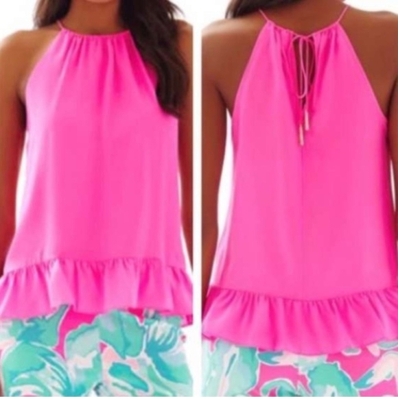 Lily Pulitzer Millie 100% Silk Halter Top Size Medium Pink Tropical Beachy - Picture 2 of 11